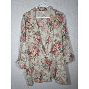 Vintage 80s Alice Stuart Blazer Womens XL Pink Cream Floral Flax Blend Preppy
